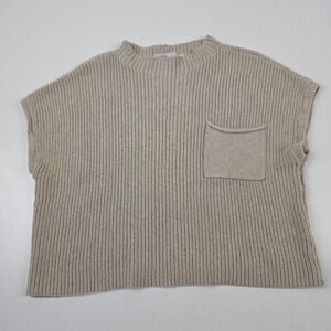 Free People Beach Sweater Womens Medium Beige Sleeveless Pocket Crewneck Knit